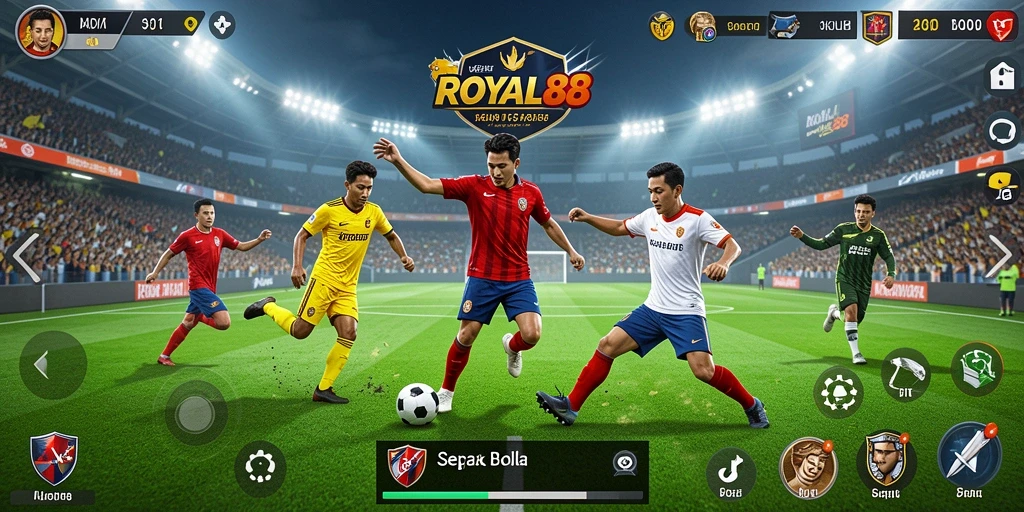 Tangkapan layar utama <strong>ROYAL88</strong> menampilkan aksi seru di lapangan sepak bola.