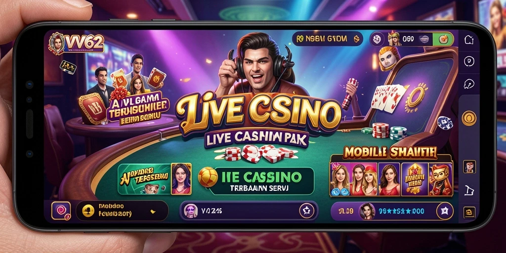 Screenshot gameplay VV62 yang menggambarkan dealer langsung di meja blackjack.